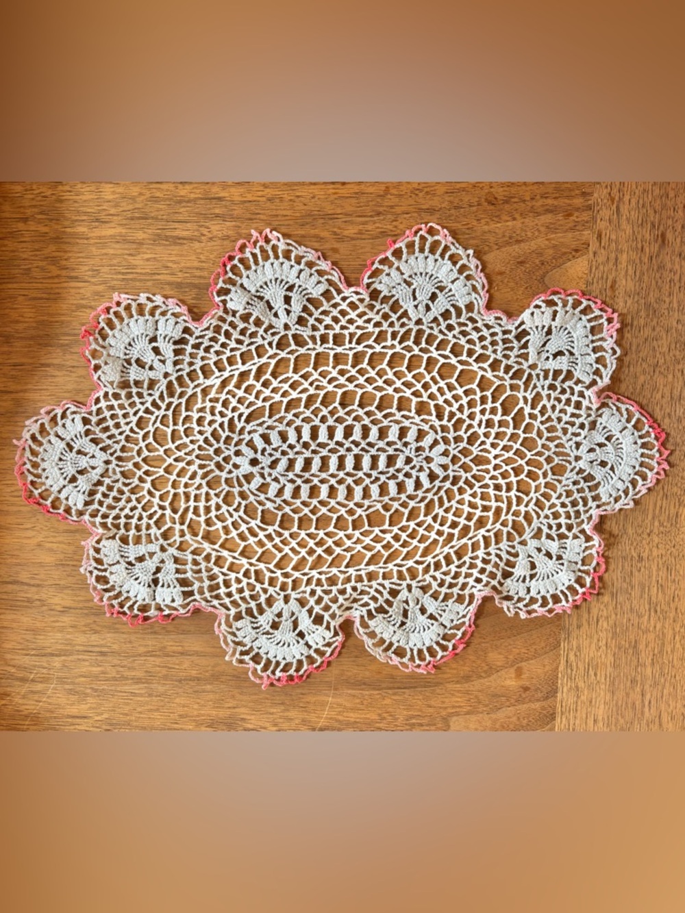 Vintage Handmade Crochet Doily in White with Pink Trim